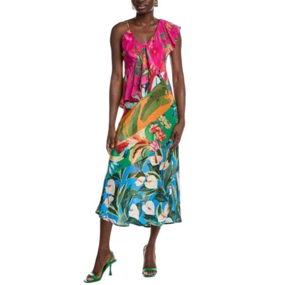 FARM RIO Mixed Flowery Ruffle Slip Dress M Midi Floral Tropical Print Colorblock